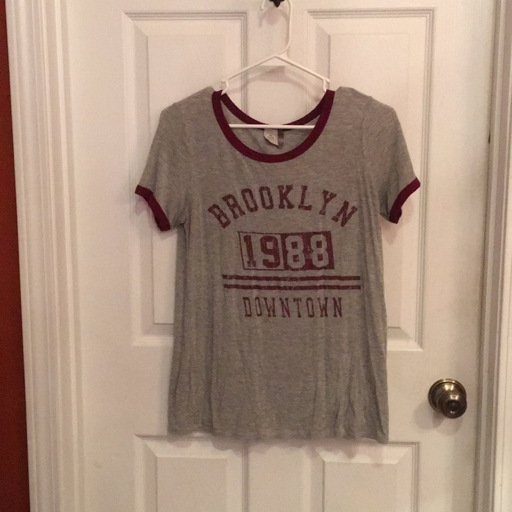 Gray T-shirt with maroon words